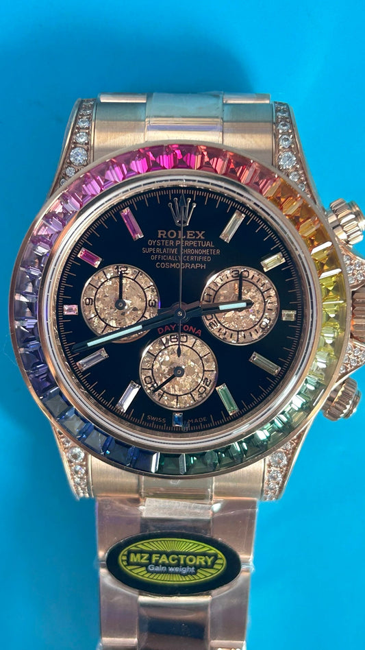 Rolex Daytona 'Rainbow' MZ SUPER CLONE Rose Gold Black Dial Sapphire Bezel 40MM