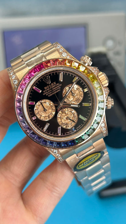 Rolex Daytona 'Rainbow' MZ SUPER CLONE Rose Gold Black Dial Sapphire Bezel 40MM